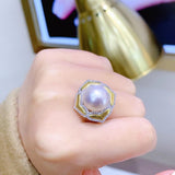 Lunachat 意大利925純銀12-13mm南洋白珍珠雙色金設計戒指