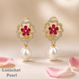 Lunachat 日本925純銀9-10mm白色淡水珍珠紅花夾耳環Earclips