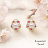Lunachat 日本925純銀水晶8mm白色淡水珍珠紅花夾耳環Earclips