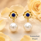 Lunachat 日本925純銀金色花12-13mm強光淡水珍珠耳環