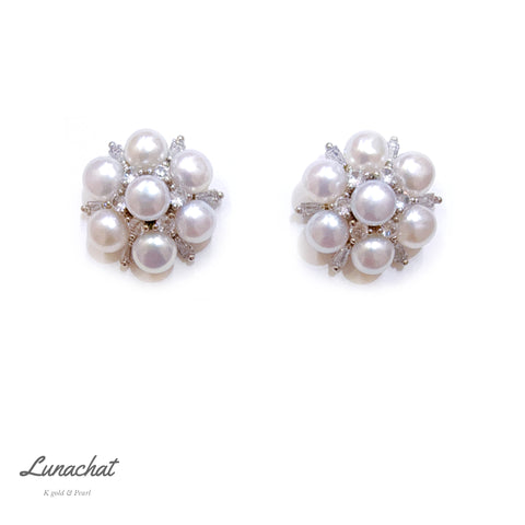 Lunachat 925純銀3-4mm 淡水珍珠花球耳環