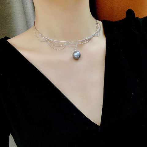 Lunachat 意大利工藝925純銀13.5mm 大溪地銆金灰珍珠lace design頸鍊｜南洋珍珠頸鏈 |大溪地珍珠頸鏈｜珍珠吊墜| pearl necklace| Akoya珍珠頸鏈香港| Wedding necklace |  結婚頸鏈 | 結婚禮物| 