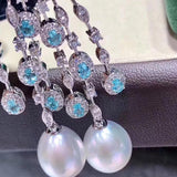 Lunachat 日本925純銀藍水晶11-12mm南洋白海水珍珠長耳環