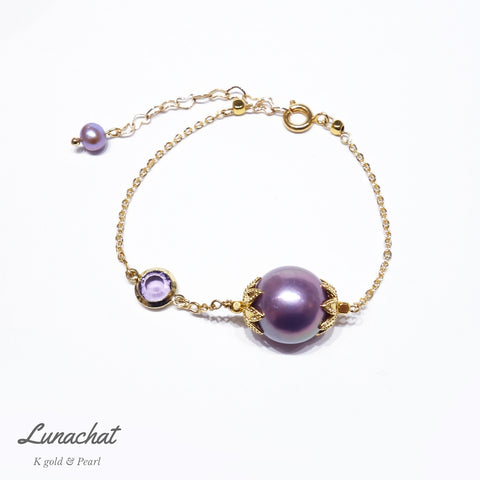 Lunachat 日本K金天然濃紫12-14mm淡水主調配水晶珍珠手鍊 - Chatnoiremeow