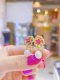 Lunachat 日本925純銀9-10mm白色淡水珍珠紅花夾耳環Earclips