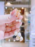 Lunachat 日本925純銀水晶9-10mm 野生Keshi南洋金澳白珍珠夾耳環Earclips