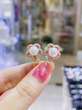 Lunachat 日本925純銀水晶8mm白色淡水珍珠紅花夾耳環Earclips