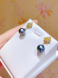 Lunachat 日本工藝925純銀10-11mm 大溪地海水珍珠黃水晶花耳環