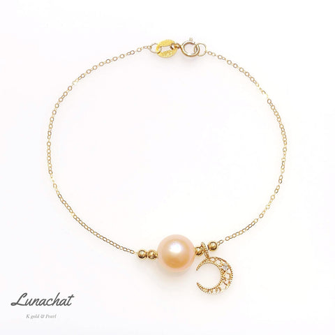 Lunachat 日本18K金星空月配鑽石小金珠9mm天然淡水珍珠手鍊*