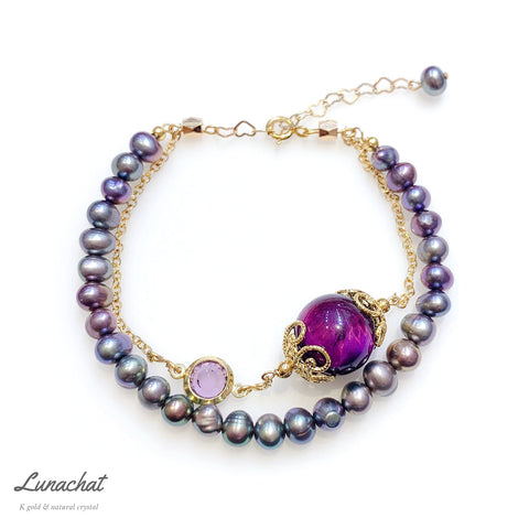 Lunachat 日本K金天然紫虎眼石配5mm大溪地孔雀綠珍珠雙層手鍊 | 珍珠手鍊