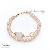 Lunachat 日本K金天然粉晶主調配5mm粉紅珍珠雙層手鍊 |珍珠手鍊