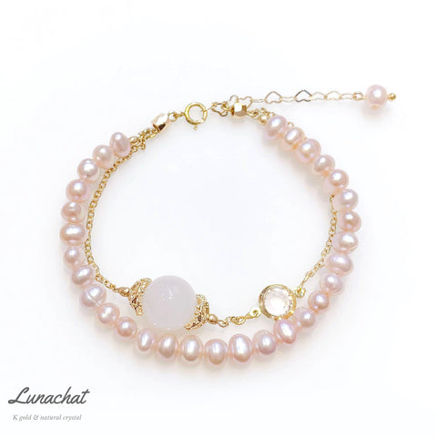 Lunachat 日本K金天然粉晶主調配5mm粉紅珍珠雙層手鍊 |珍珠手鍊
