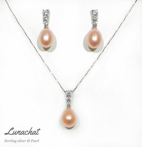 日本925純銀三閃石12mm水滴型淡水粉紫珍珠耳環頸鍊套裝 Bridal Wedding Pearl Necklace