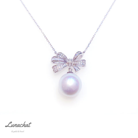 Lunachat 日本925純銀12.5mm白透粉光南洋白海水珍珠蝴蝶結頸鍊｜南洋珍珠頸鏈 |大溪地珍珠頸鏈｜珍珠吊墜| pearl necklace| Akoya珍珠頸鏈香港| Wedding necklace