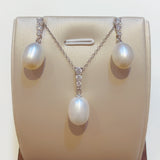 Lunachat 日本925純銀三閃石12mm水滴型淡水白珍珠耳環頸鍊套裝